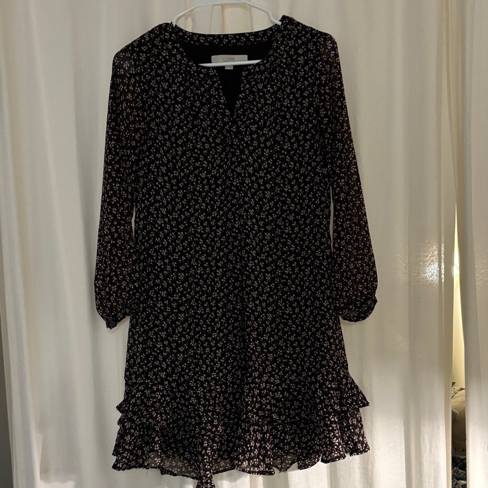 LOFT Black Floral Long Sleeve Ruffle Hem Dress